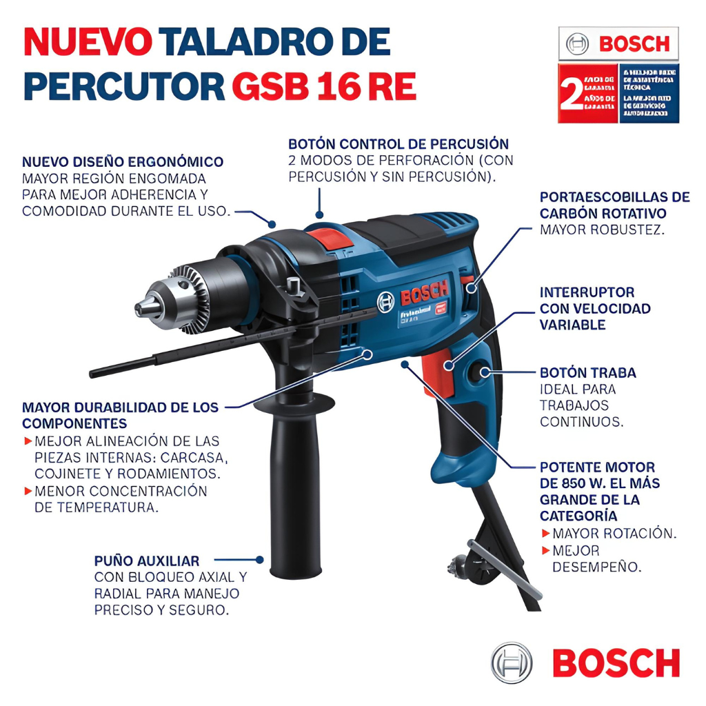 Taladro Percutor Bosch GSB 16 RE 850W 13mm V.V. en Maletin 